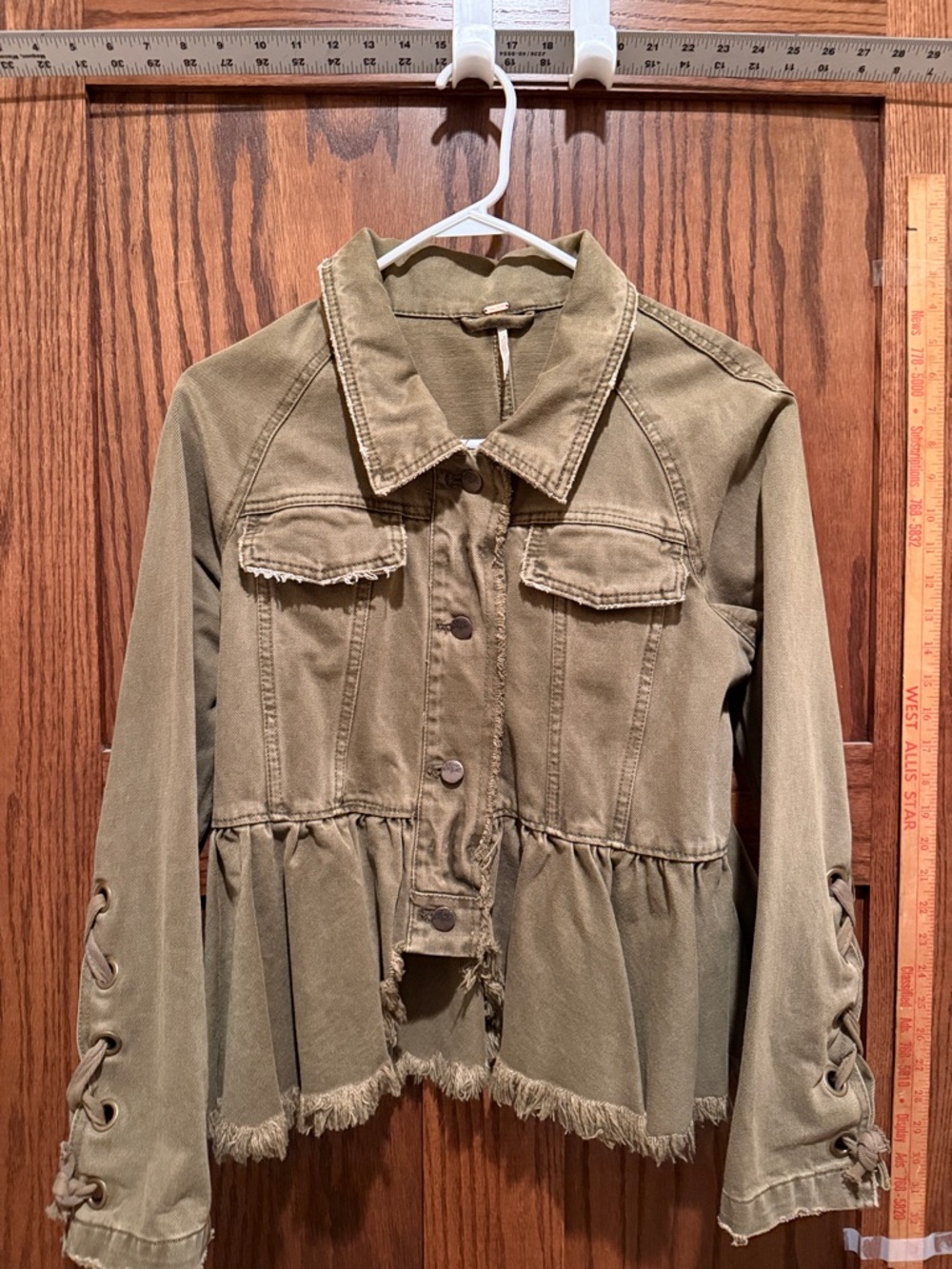 Free People Olive Green Peplum Jean Jacket with Lace-Up Sleeves